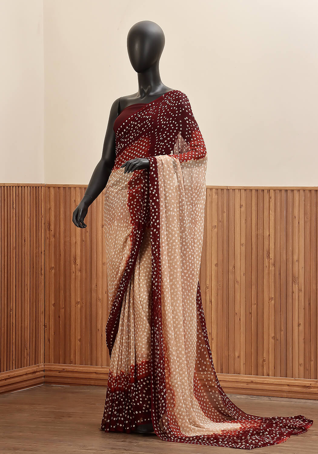 Chiffon Chunri Saree - Fawn, Maroon & Rust