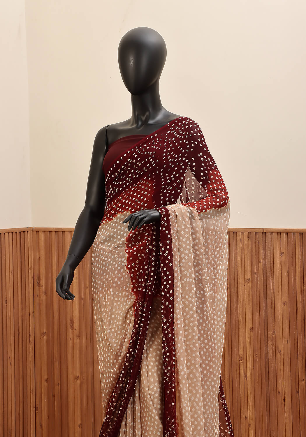 Chiffon Chunri Saree - Fawn, Maroon & Rust