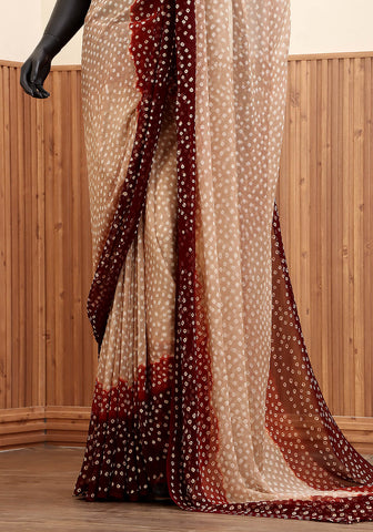 Chiffon Chunri Saree - Fawn, Maroon & Rust