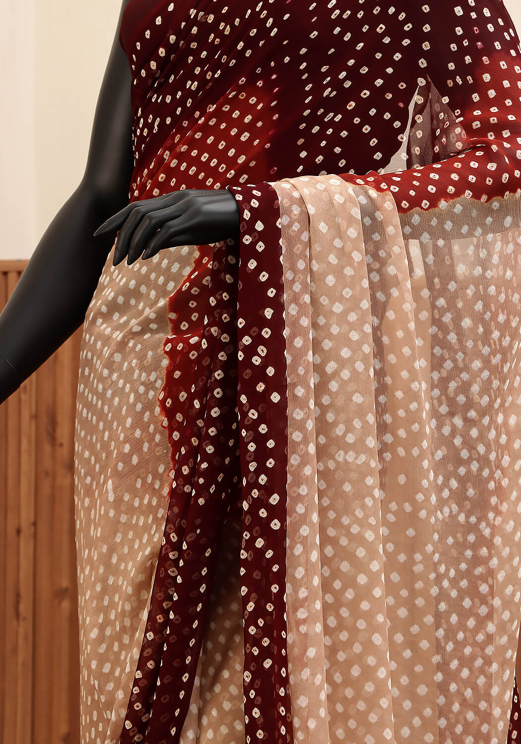 Chiffon Chunri Saree - Fawn, Maroon & Rust