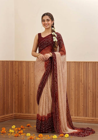 Chiffon Chunri Saree - Fawn, Maroon & Rust