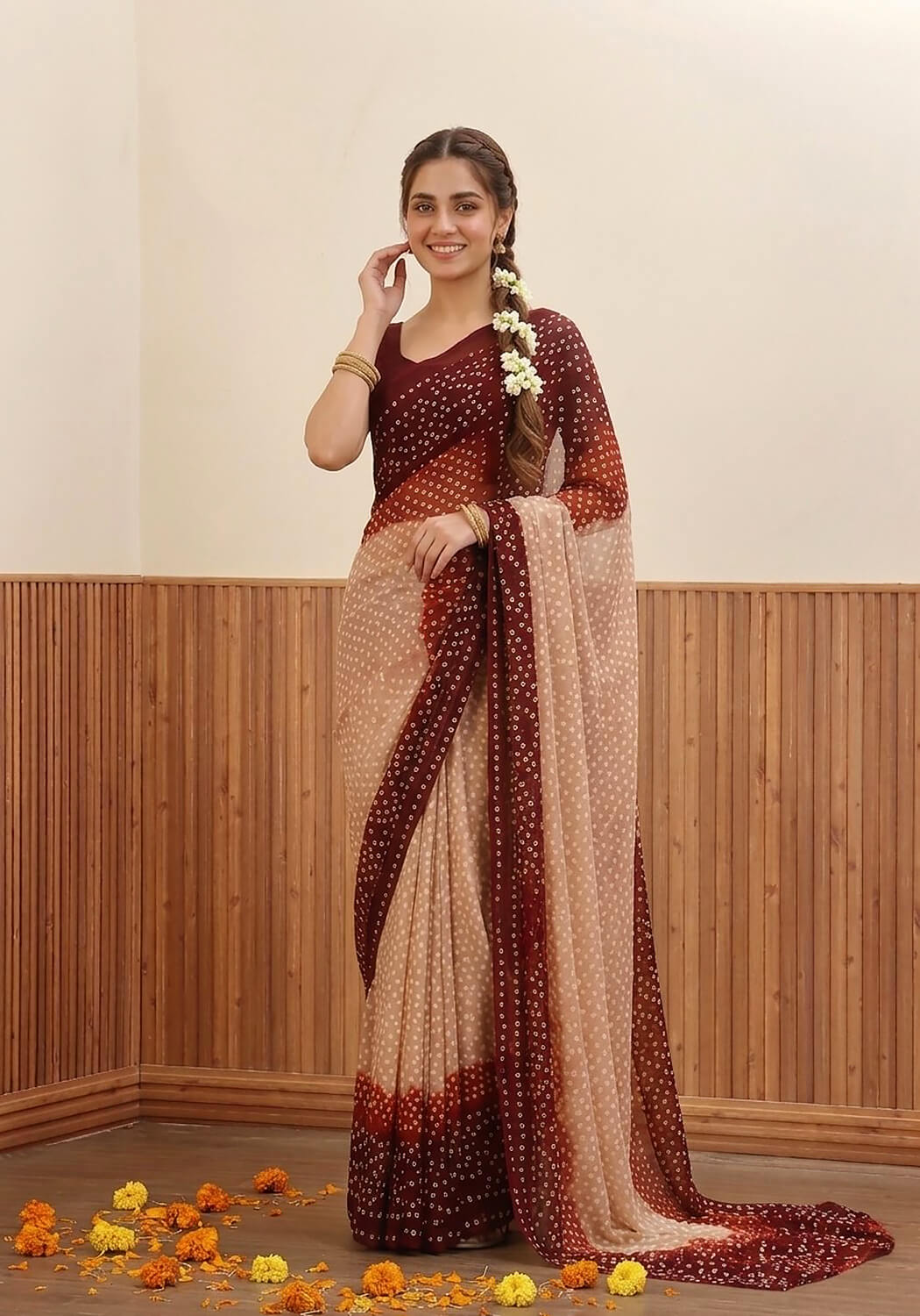 Chiffon Chunri Saree - Fawn, Maroon & Rust