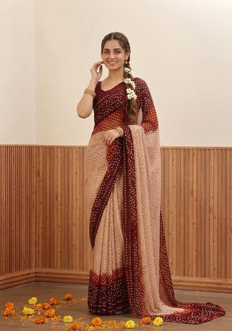 Chiffon Chunri Saree - Fawn, Maroon & Rust