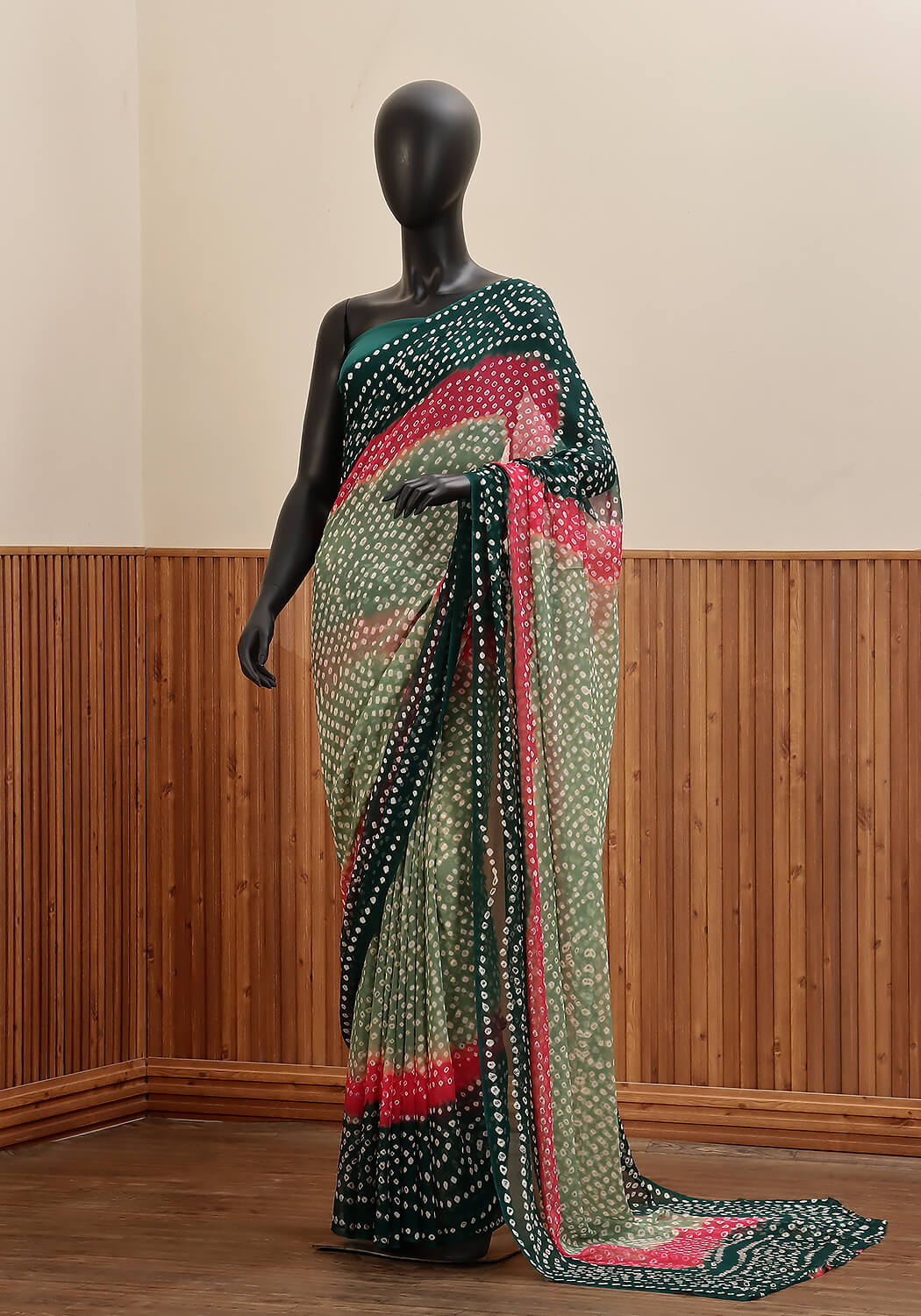Chiffon Chunri Saree - Teal, Mint & Pink