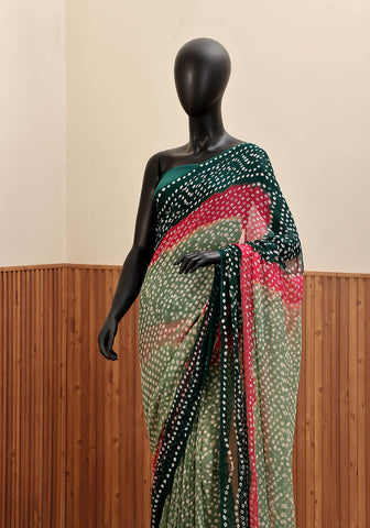 Chiffon Chunri Saree - Teal, Mint & Pink
