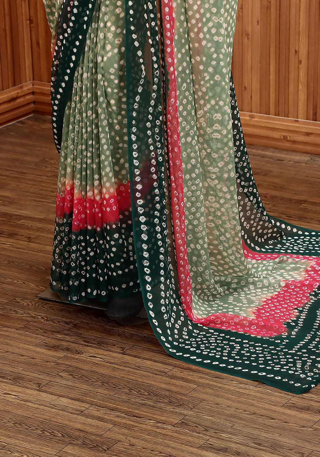 Chiffon Chunri Saree - Teal, Mint & Pink