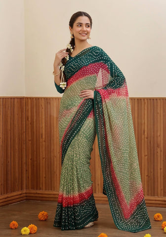Chiffon Chunri Saree - Teal, Mint & Pink