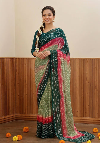 Chiffon Chunri Saree - Teal, Mint & Pink
