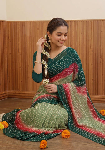 Chiffon Chunri Saree - Teal, Mint & Pink