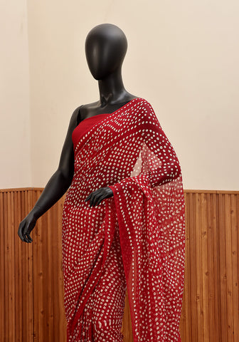 Chiffon Chunri Saree - Crimson Red