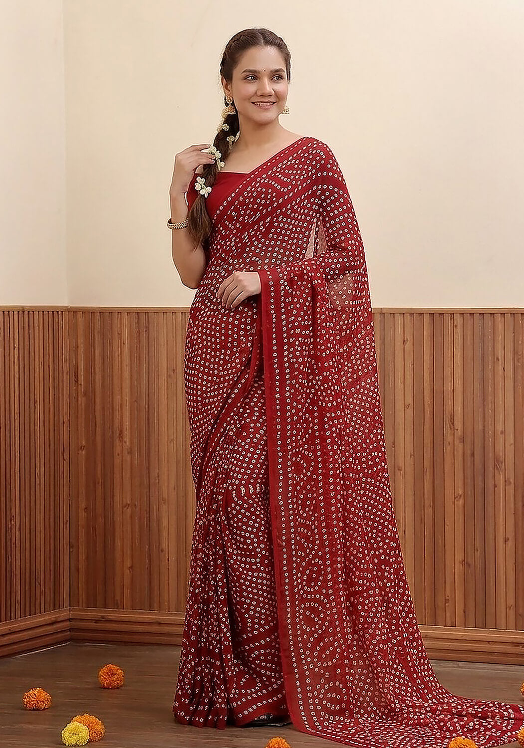 Chiffon Chunri Saree - Crimson Red