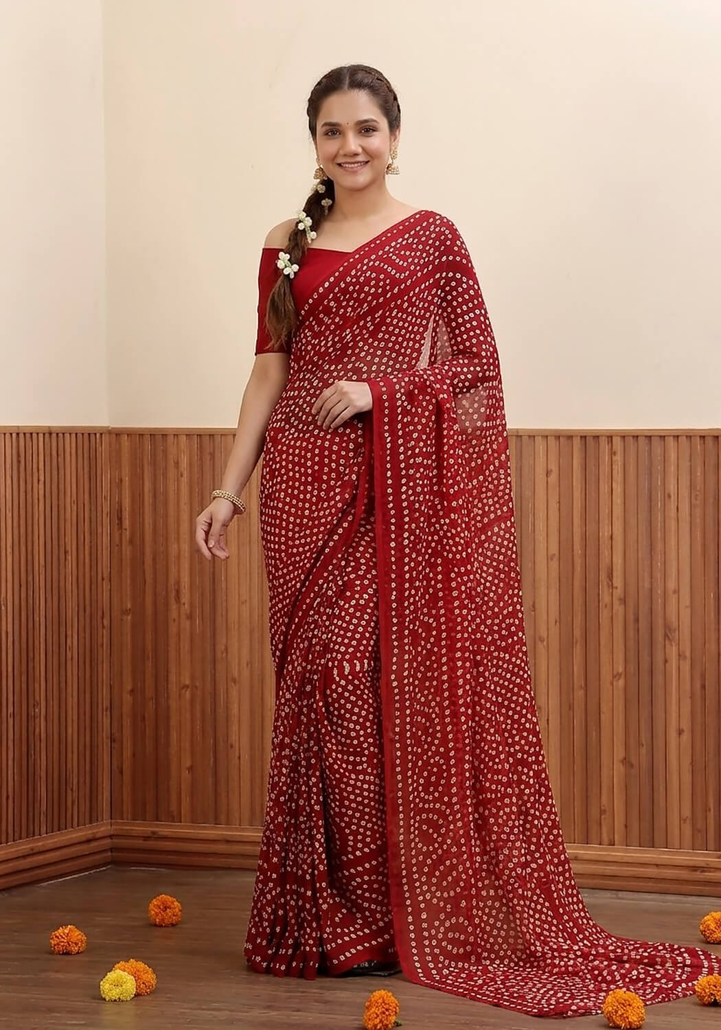 Chiffon Chunri Saree - Crimson Red