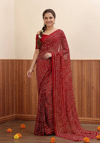 Chiffon Chunri Saree - Crimson Red