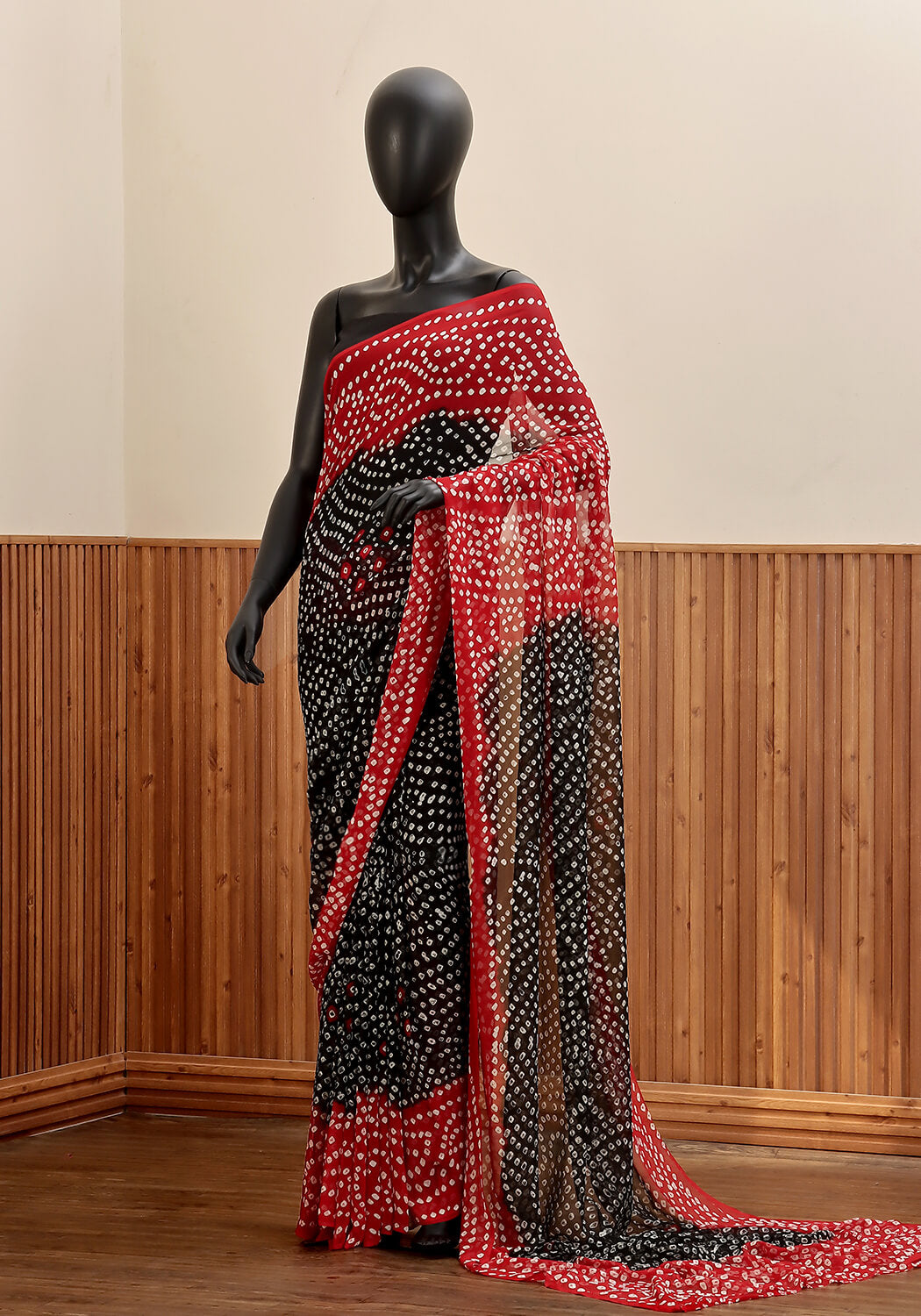 Chiffon Chunri Saree - Red & Black