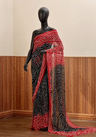 Chiffon Chunri Saree - Red & Black