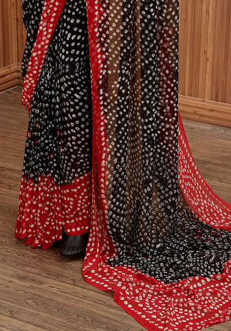 Chiffon Chunri Saree - Red & Black