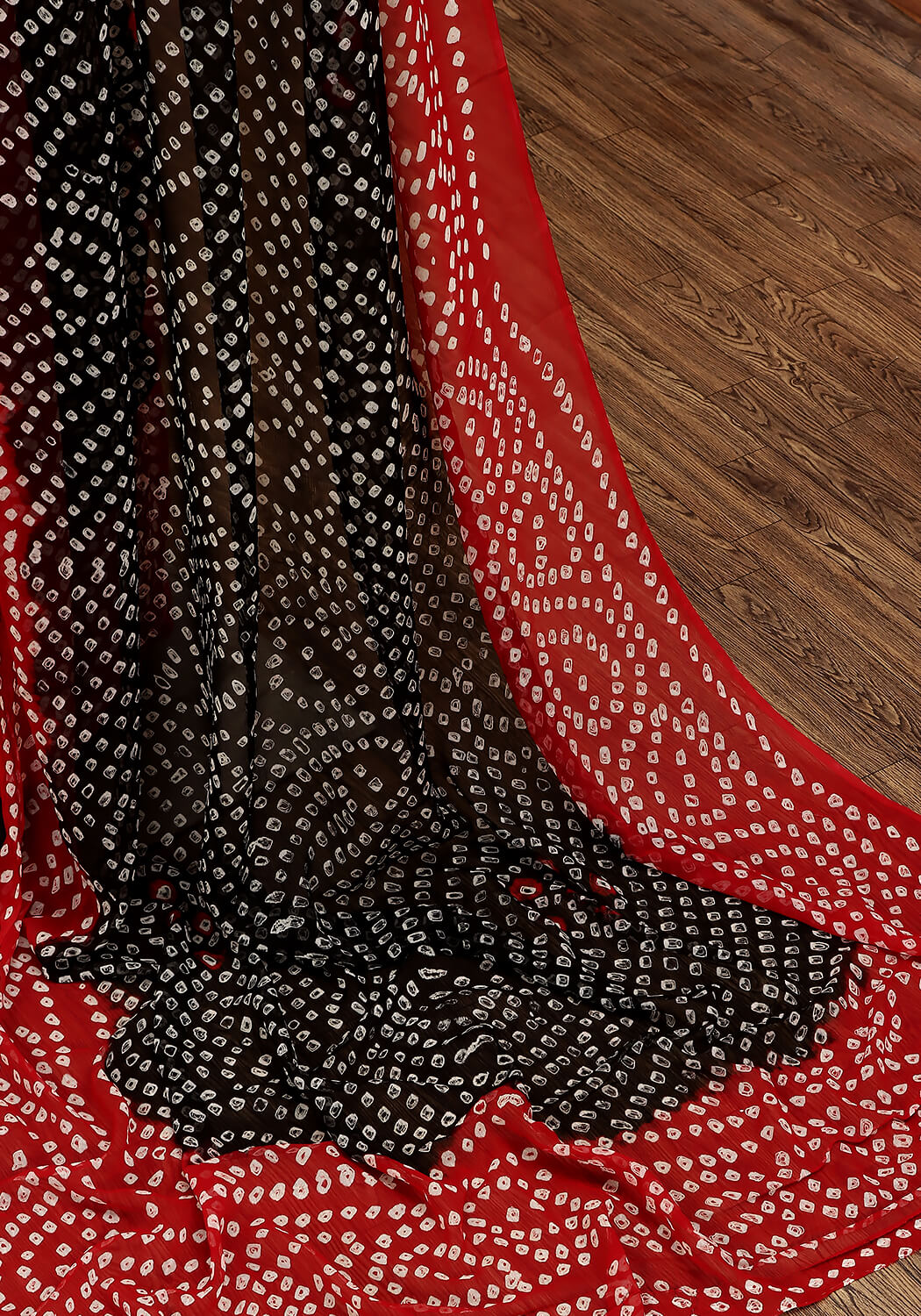 Chiffon Chunri Saree - Red & Black