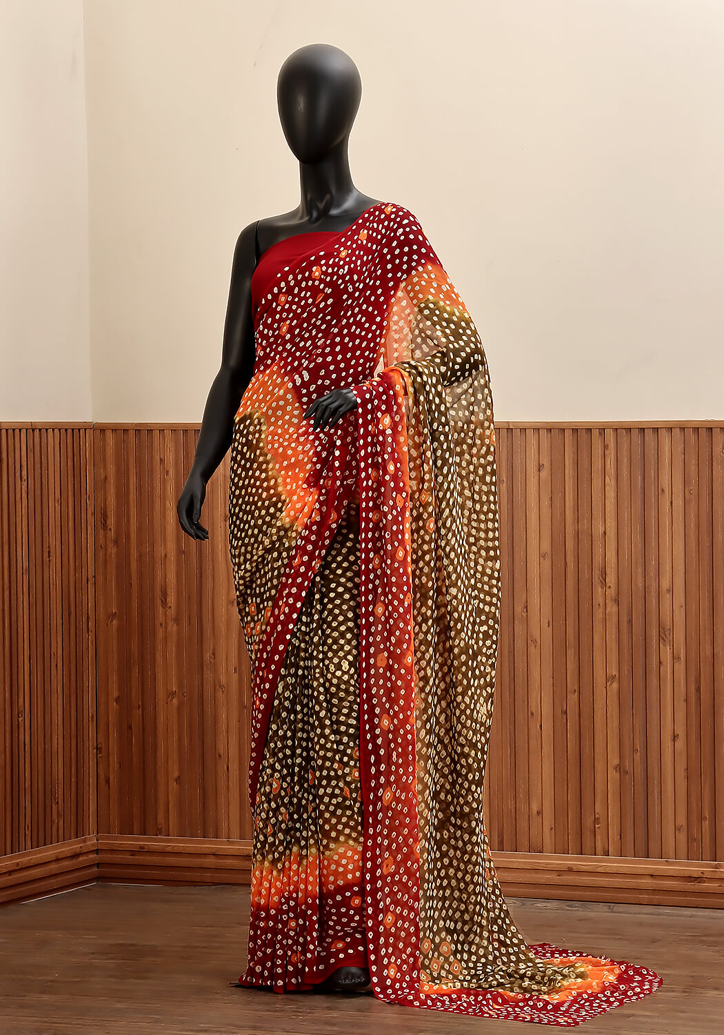 Chiffon Chunri Saree - Rust, Olive & Maroon