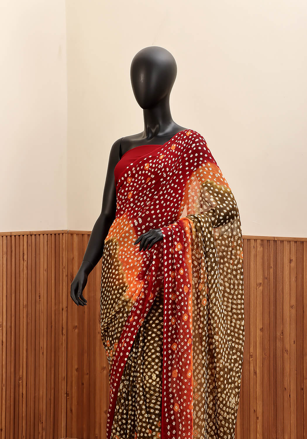 Chiffon Chunri Saree - Rust, Olive & Maroon