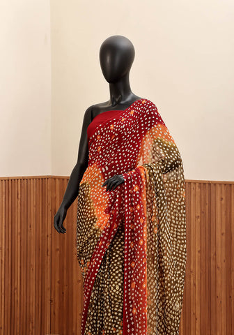 Chiffon Chunri Saree - Rust, Olive & Maroon