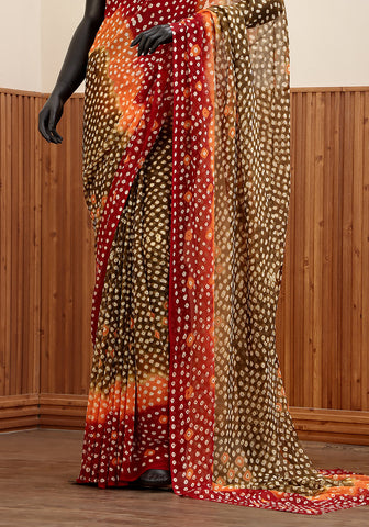 Chiffon Chunri Saree - Rust, Olive & Maroon