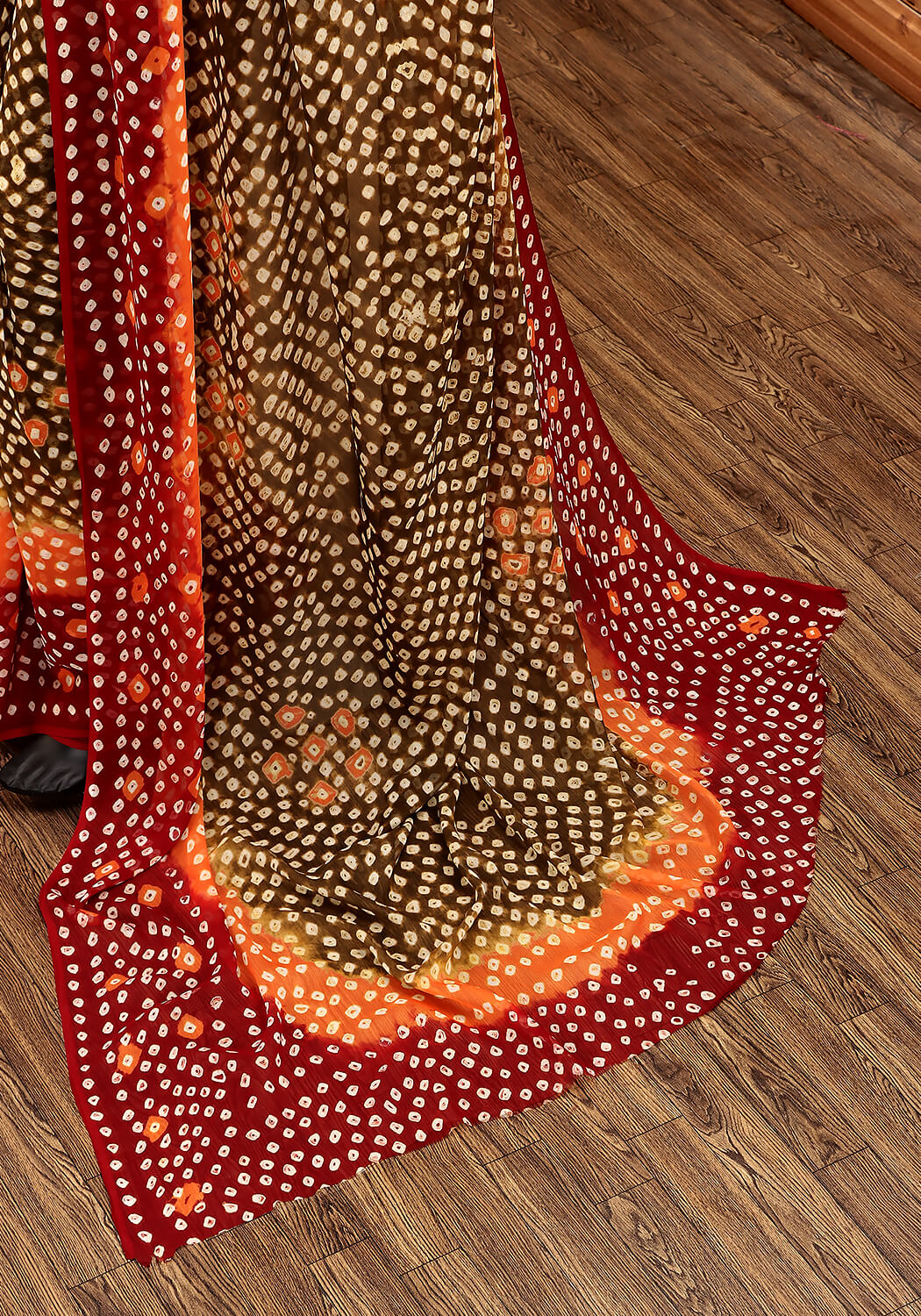 Chiffon Chunri Saree - Rust, Olive & Maroon