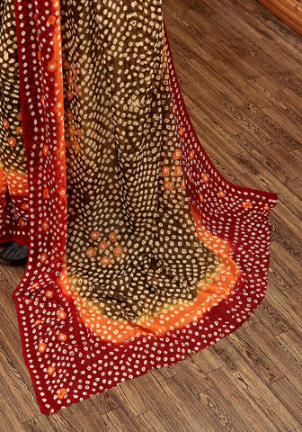 Chiffon Chunri Saree - Rust, Olive & Maroon