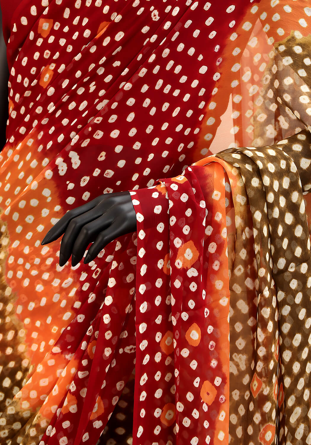Chiffon Chunri Saree - Rust, Olive & Maroon
