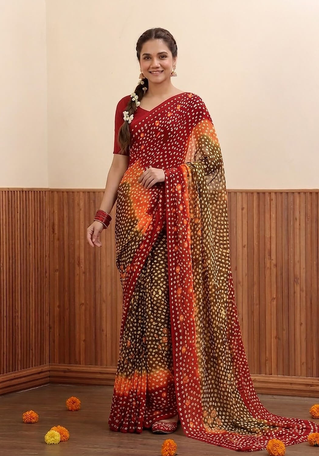 Chiffon Chunri Saree - Rust, Olive & Maroon