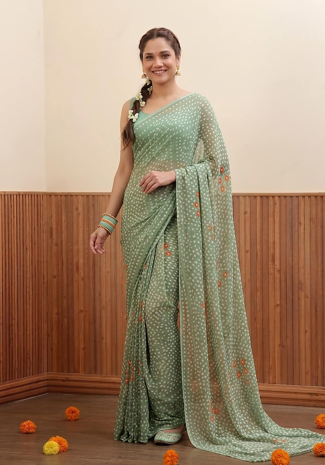 Chiffon Chunri Saree - Mint Green