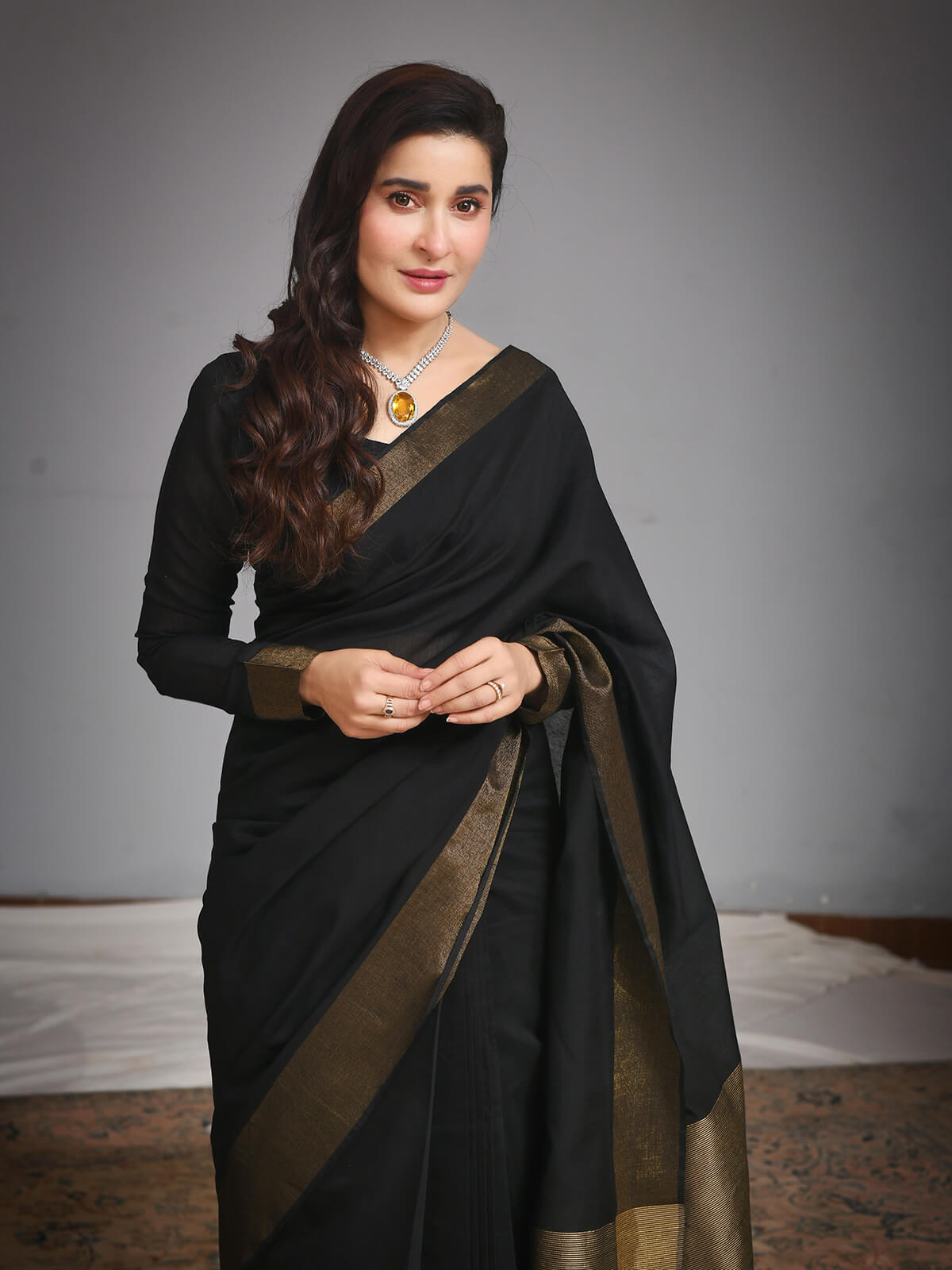 black, saree, dr. shaista lodhi, silk saree, black saree, plain sari, solid saree, gold border, saree