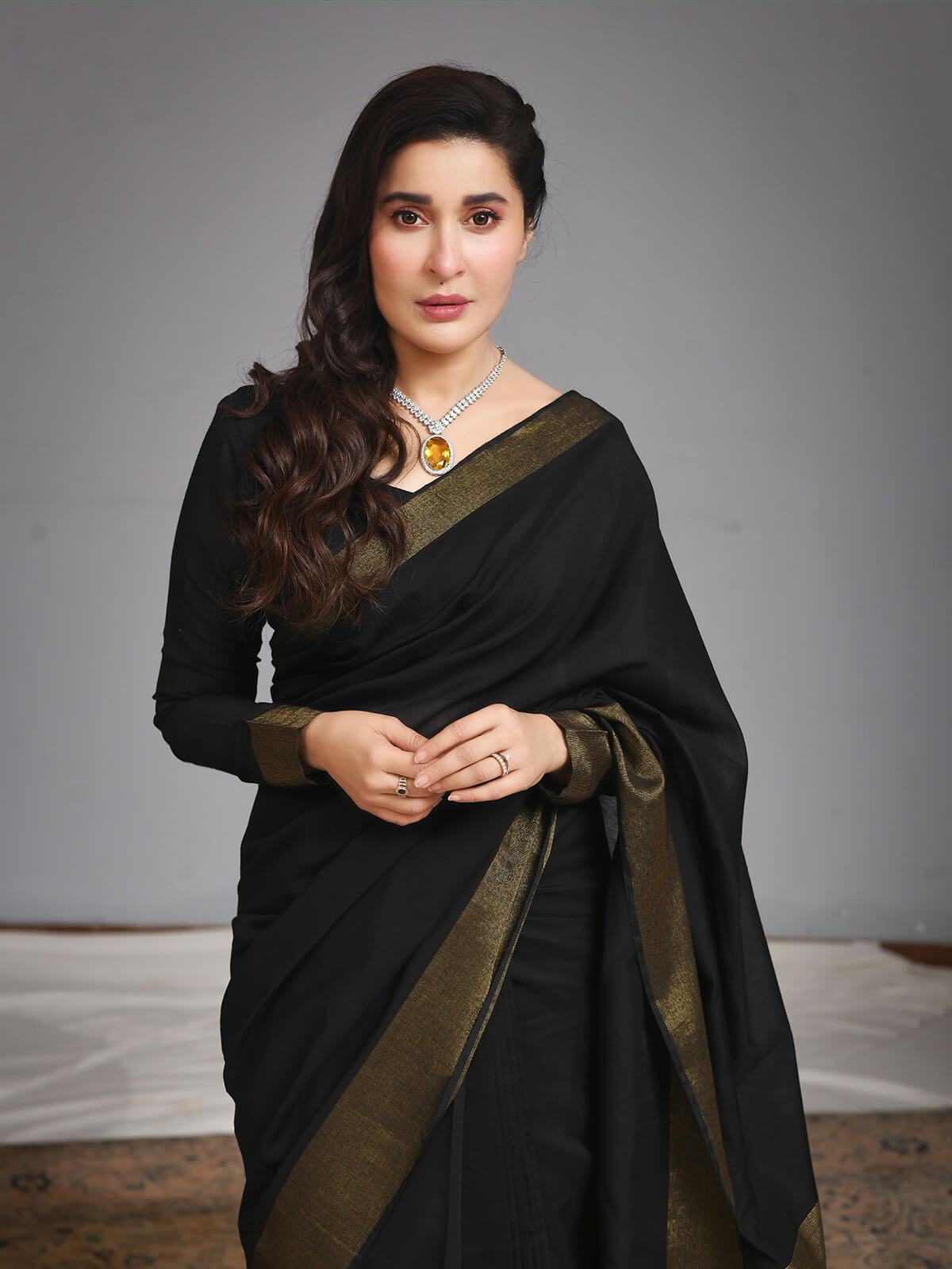 black, saree, dr. shaista lodhi, silk saree, black saree, plain sari, solid saree, gold border, saree