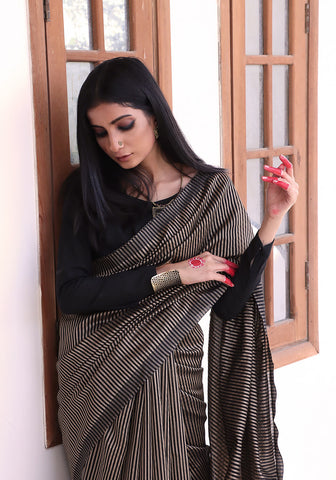 Striped Saree - Fawn & Black