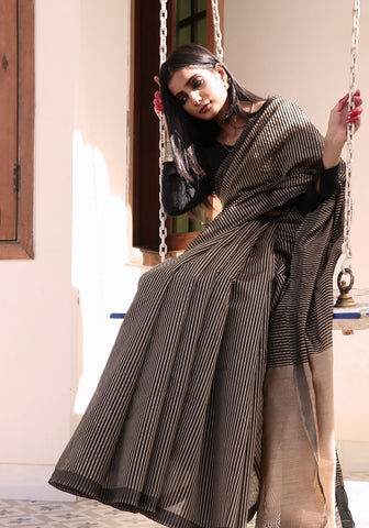 Striped Saree - Fawn & Black