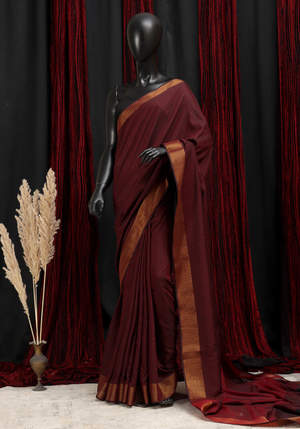 Striped Saree - Maroon & Black