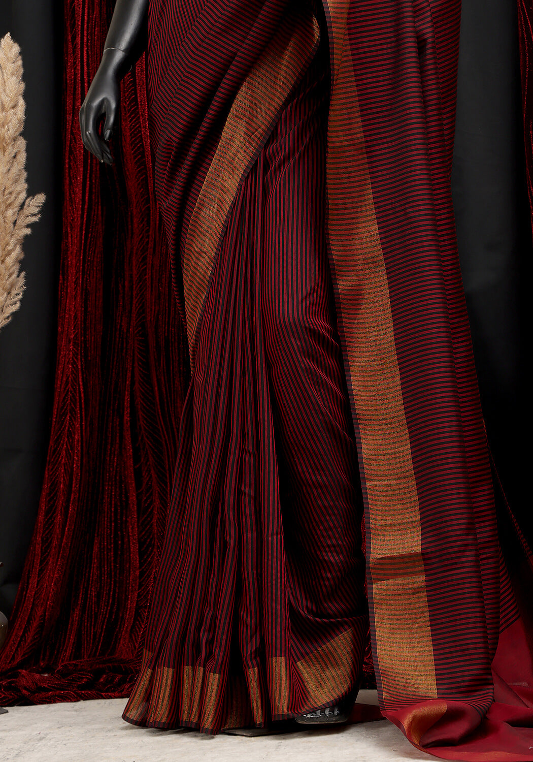 Striped Saree - Maroon & Black