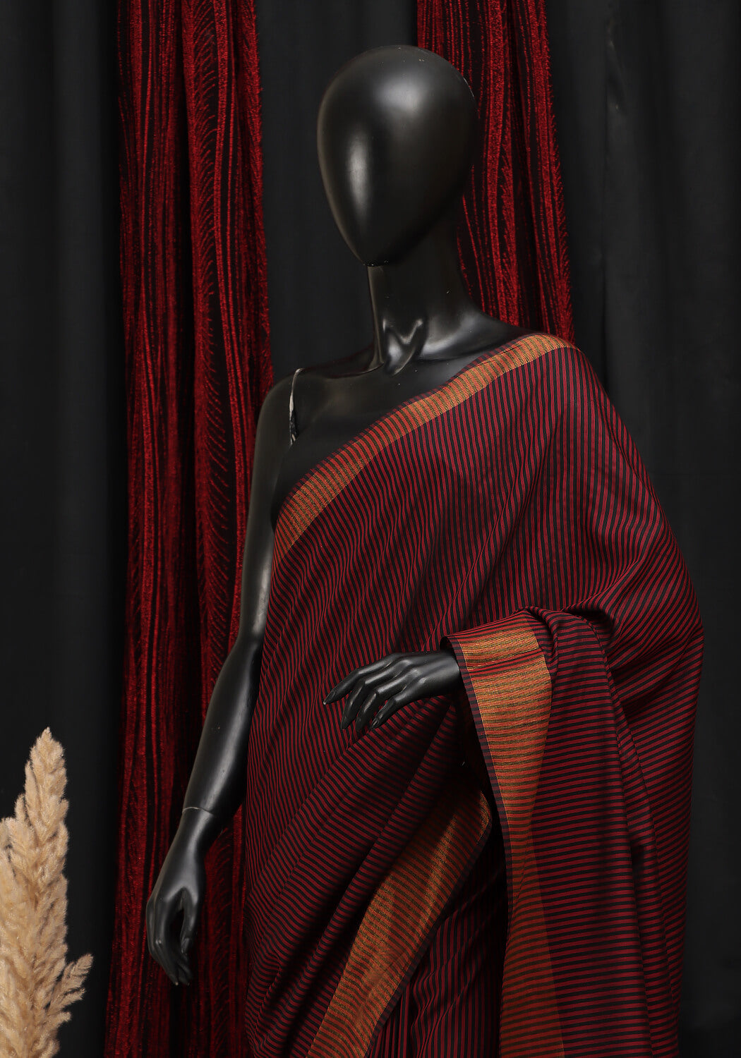 Striped Saree - Maroon & Black