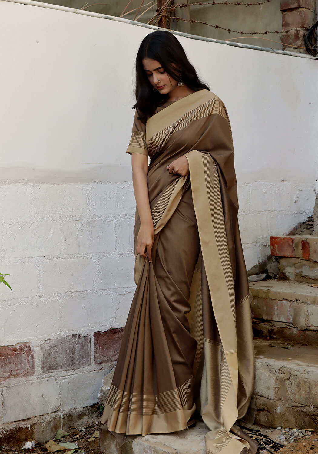Cotton Silk Saree - Brown & Fawn