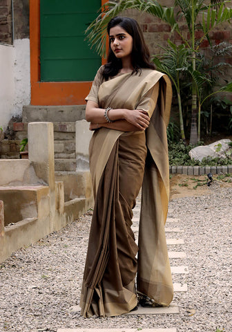 Cotton Silk Saree - Brown & Fawn
