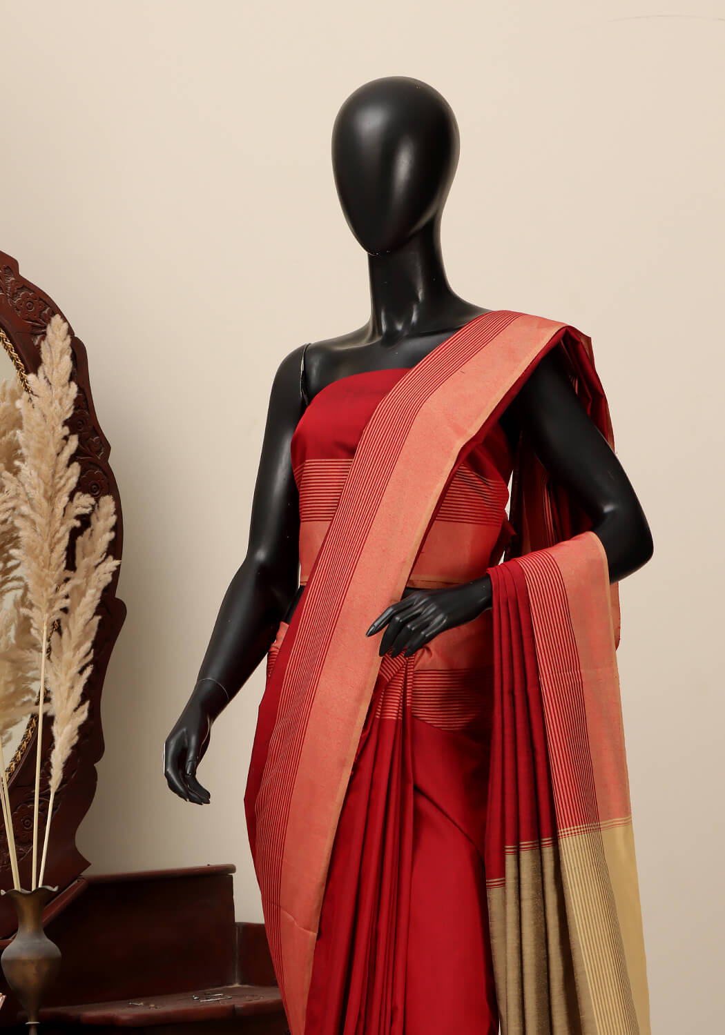 Cotton Silk Saree - Red & Fawn