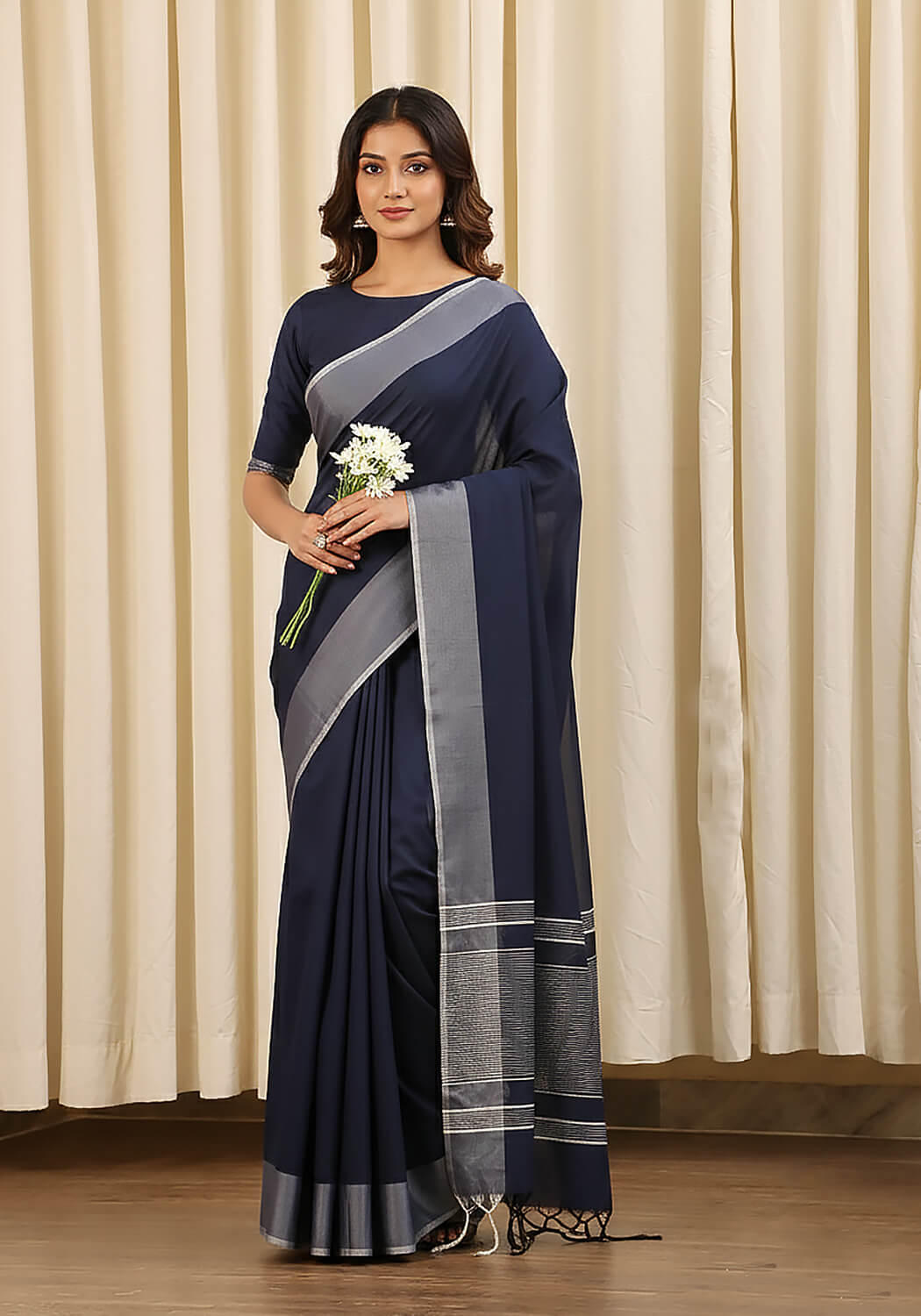 Cotton Silk Saree – Navy Blue