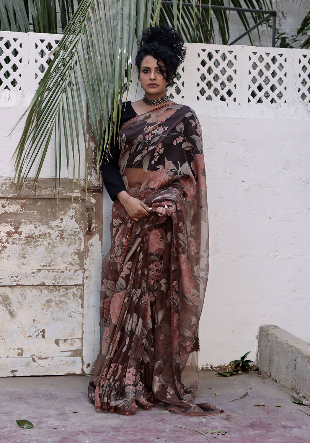 Floral Broshia Saree - Brown