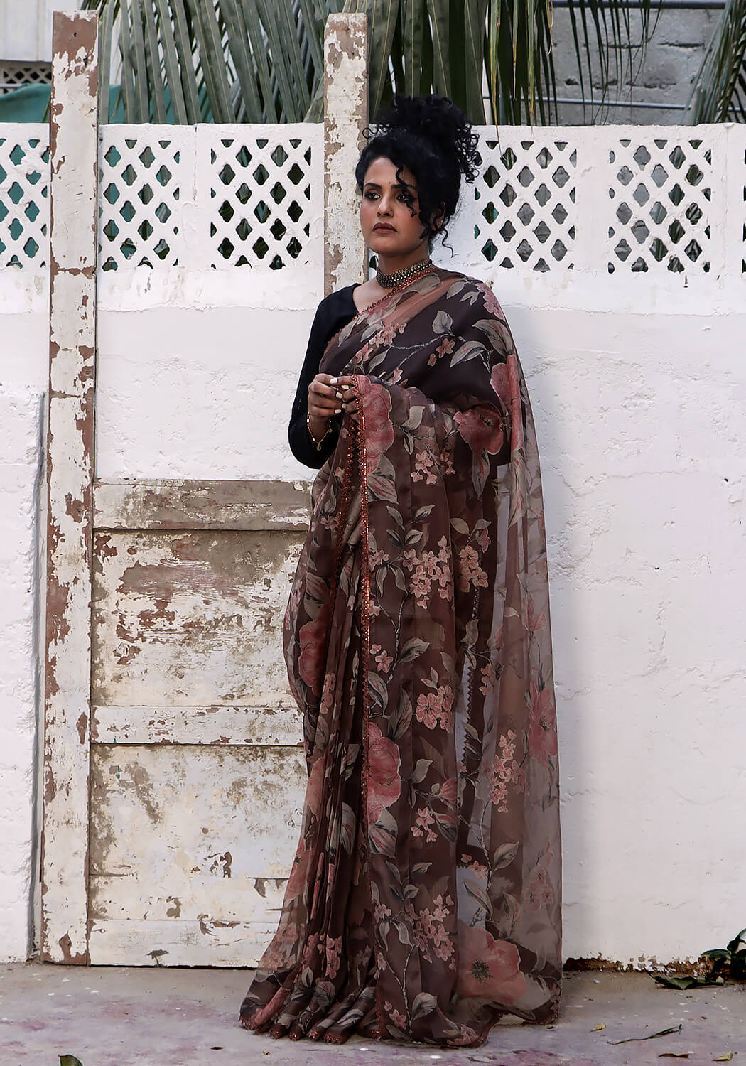 Floral Broshia Saree - Brown
