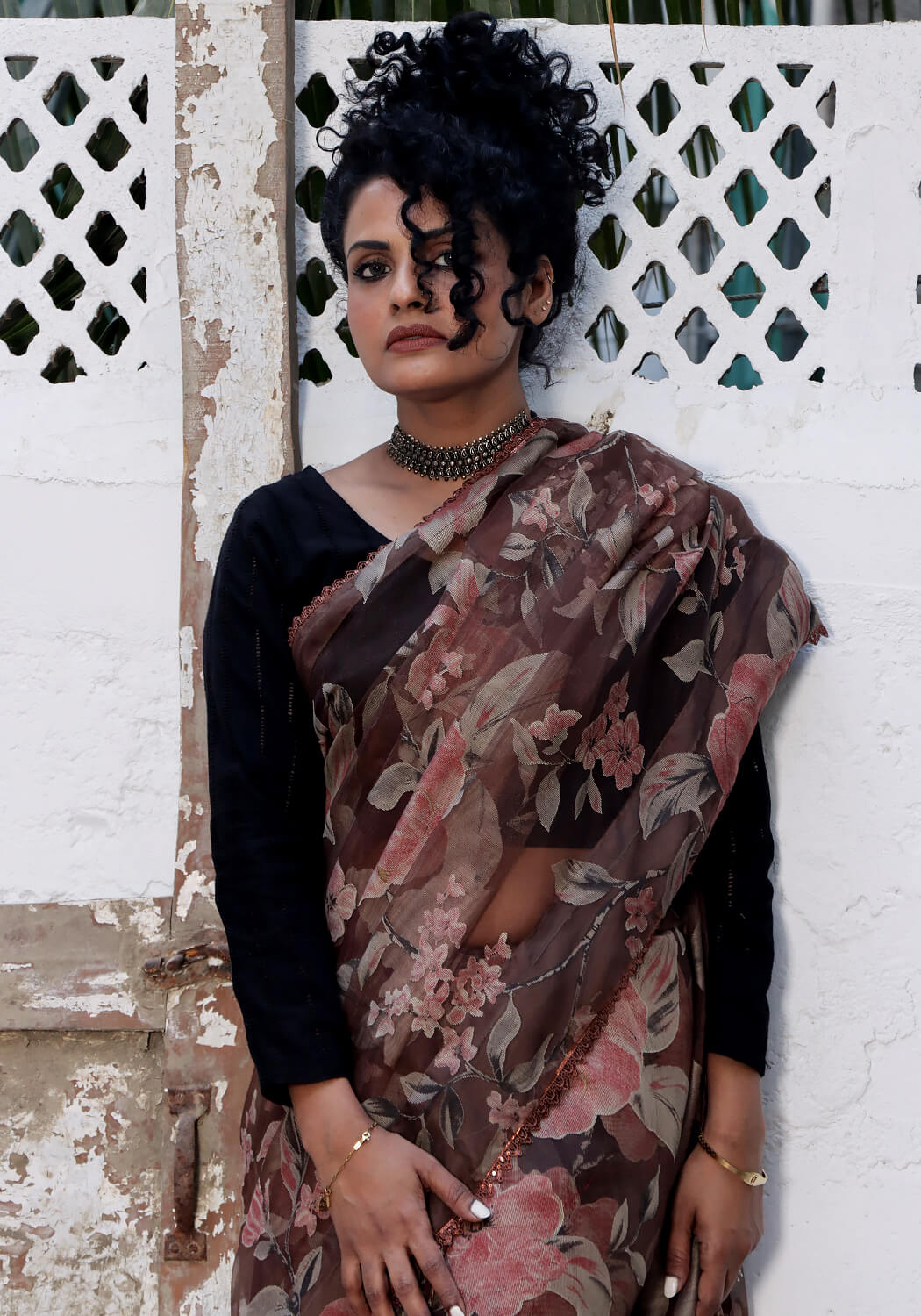 Floral Broshia Saree - Brown