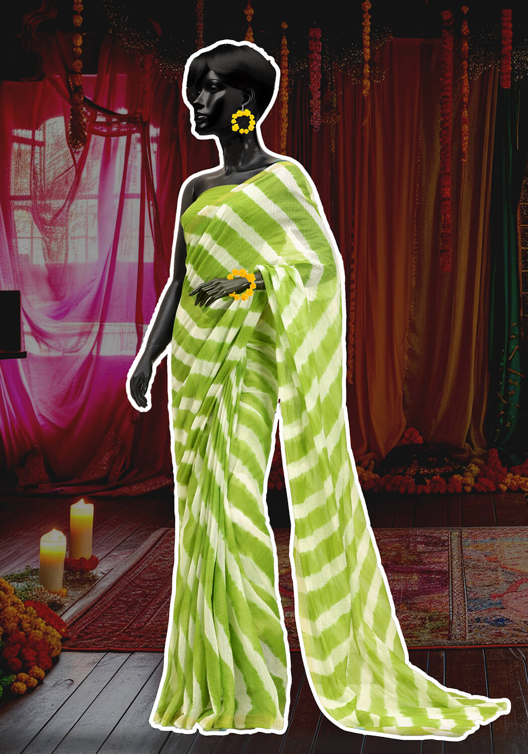 Leheriya Saree - Lime Green