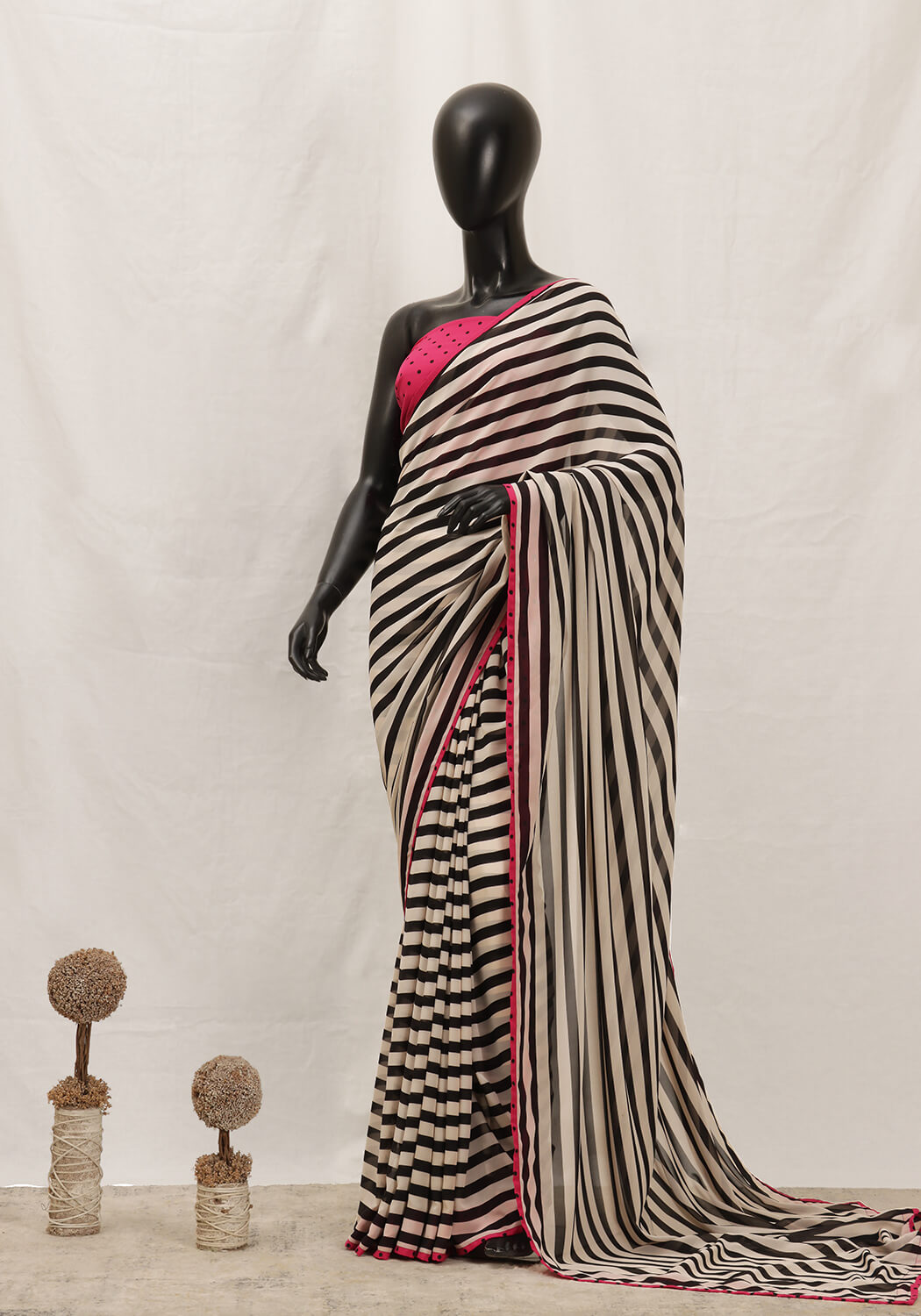 Chiffon Georgette Striped Saree - Black & White
