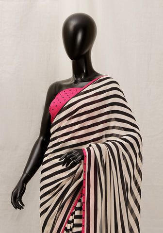 Chiffon Georgette Striped Saree - Black & White