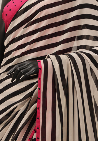 Chiffon Georgette Striped Saree - Black & White