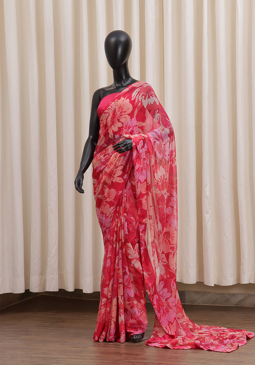 Chiffon Printed Saree - Red & Pink