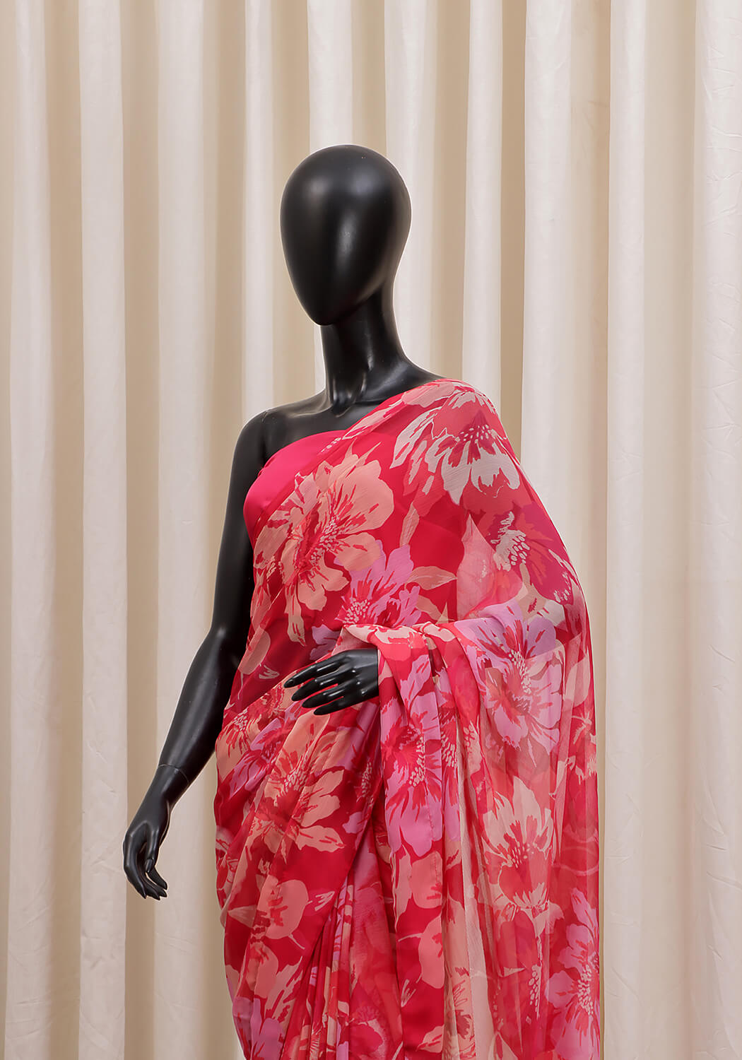 Chiffon Printed Saree - Red & Pink